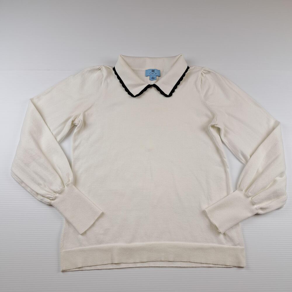 CeCe Sweater Womens Medium White Contrast Collar Puff Sleeve Pullover Knit Top